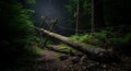 Dramatic Sunbeam Illuminates Mossy Fallen Tree Trunk Blocking a Dark, Secluded Forest Path in Deep Woods Royalty Free Stock Photo