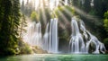 Sunbeams pierce through trees illuminating a powerful waterfall and lush forest Royalty Free Stock Photo