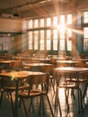 Dramatic sunbeams filter through large windows, casting a warm glow over the vacant lunchroom filled with rows of wooden