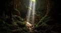 Sunbeams illuminating a moss-covered cave interior with stalactites and stalagmites light rays Royalty Free Stock Photo