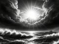 Dramatic sunburst breaking through storm clouds over vast ocean Royalty Free Stock Photo