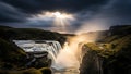 Dramatic Sunlight Over Waterfall in a Canyon Landscape rays nature Royalty Free Stock Photo