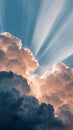 Dramatic sunlight rays breaking through dark storm clouds, divine light beams illuminating sky. Heavenly cloudscape, spiritual Royalty Free Stock Photo