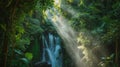 Dramatic sunlight streams through tropical rainforest canopy illuminating waterfall scene Royalty Free Stock Photo