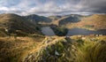 Dramatic sunlit view towards haweswater lake in the Lake District with ruined buildings