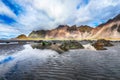 Dramatic sunny day and gorgeous rippled black sand beach on Stokksnes cape in Iceland