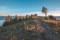 dramatic sunrise over the baltic sea with rocky beach and trees Royalty Free Stock Photo