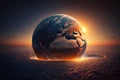 a dramatic sunrise over a globe, with the sun rising from behind the earth and illuminating the entire surface