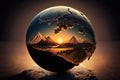 a dramatic sunrise over a globe, with the sun rising from behind the earth and illuminating the entire surface