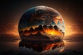 a dramatic sunrise over a globe, with the sun rising from behind the earth and illuminating the entire surface