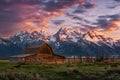 Scenic sunrise, rustic barn, Teton range