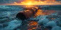 Dramatic sunrise over ocean with foam-covered outfall pipe, serene coastal scenery. nature photography for wall art. AI Royalty Free Stock Photo