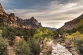 dramatic sunrise in Watchman and Virgin river landscape taken in Zion national Park in Utah during autumn. Royalty Free Stock Photo