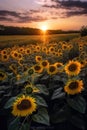 Dramatic sunset with amazing view of sunflowers under the sunbeam.