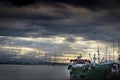 Dramatic sunset and beautiful ship at Pendik  ÃÂ°stanbul. Sunset landscape photograph. Amazing view ÃÂ°stanbul. Royalty Free Stock Photo