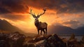 Dramatic sunset with beautiful sky over mountain range giving a strong moody landscape and red deer stag looking strong and proud Royalty Free Stock Photo