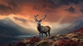 Dramatic sunset with beautiful sky over mountain range giving a strong moody landscape and red deer stag looking strong and proud