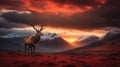 Dramatic sunset with beautiful sky over mountain range giving a strong moody landscape and red deer stag looking strong and proud Royalty Free Stock Photo