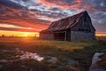 dramatic sunset behind a dilapidated barn