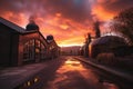 dramatic sunset behind a picturesque whisky distillery