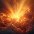 Dramatic sunset burst Cloudy sky with rays in 3D illustration Royalty Free Stock Photo