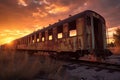 dramatic sunset casting shadows on abandoned train carriages