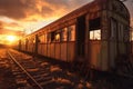 dramatic sunset casting shadows on abandoned train carriages