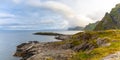 Dramatic sunset clouds moving over steep mountain peaks, Lofoten islands, Norway Royalty Free Stock Photo