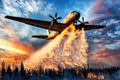 Dramatic sunset display of firefighting plane battling forest fire Royalty Free Stock Photo
