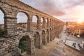 Dramatic sunset in famous Segovia aqueduct, Castilla y leon, Spain.