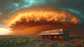 Dramatic sunset illuminates an ominous, large, shelf cloud over a lone, deserted building in a flat, grassy field Royalty Free Stock Photo