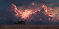 Dramatic Sunset Landscape Epic Cloudscape Savannah and Silhouette of a Lone Tree Perfect for Backgrounds and Wall Art Royalty Free Stock Photo