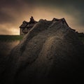 Abstract geometric triangular shape large boulder with blurred image of house in the back