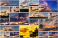 Dramatic sunset like fire in the sky with golden clouds collage