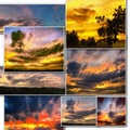 Dramatic sunset like fire in the sky with golden clouds collage Royalty Free Stock Photo