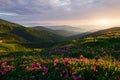 Dramatic sunset. Majestic Carpathian mountains. Beautiful landscape. Breathtaking view