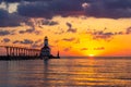 Dramatic Sunset at Michigan City East Pierhead Lighthouse Royalty Free Stock Photo