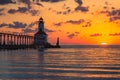 Dramatic Sunset at Michigan City East Pierhead Lighthouse Royalty Free Stock Photo