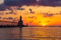 Dramatic Sunset at Michigan City East Pierhead Lighthouse Royalty Free Stock Photo