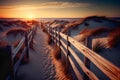 Dramatic Sunset At the Ocean Shoreline with Wood Walkway and Sand Dunes - Generative AI