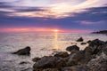 Dramatic sunset over beach with a natural pond in the foreground Royalty Free Stock Photo