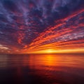 Dramatic sunset over a calm sea, with vivid orange and red hues illuminating the sky. Royalty Free Stock Photo