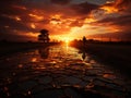 Dramatic sunset over cracked earth