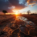 Dramatic sunset over cracked earth Royalty Free Stock Photo