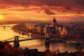 Dramatic sunset over the Danube river in Budapest, Hungary, Panoramic view over the budapest at sunset, AI Generated Royalty Free Stock Photo