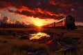 dramatic sunset over derailed train in remote landscape