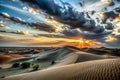 Dramatic sunset over desert dunes Royalty Free Stock Photo