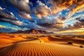 Dramatic sunset over desert dunes and mountains Royalty Free Stock Photo