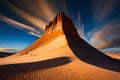 A dramatic sunset over a desert spire, casting long shadows on the challenging climbing route