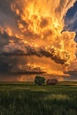Dramatic Sunset Over Fields with House and Towering Clouds Royalty Free Stock Photo
